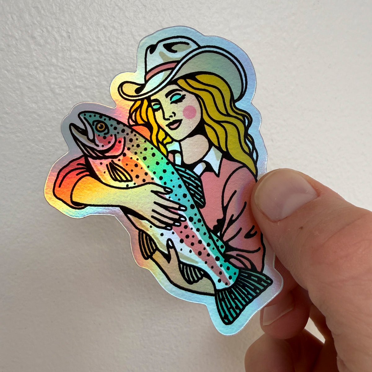 Rainbow Trout Cowgirl #1 - 3 Inch Holographic Vinyl Sticker