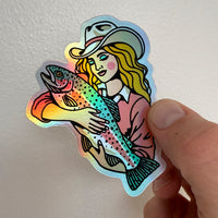 Rainbow Trout Cowgirl #1 - 3 Inch Holographic Vinyl Sticker