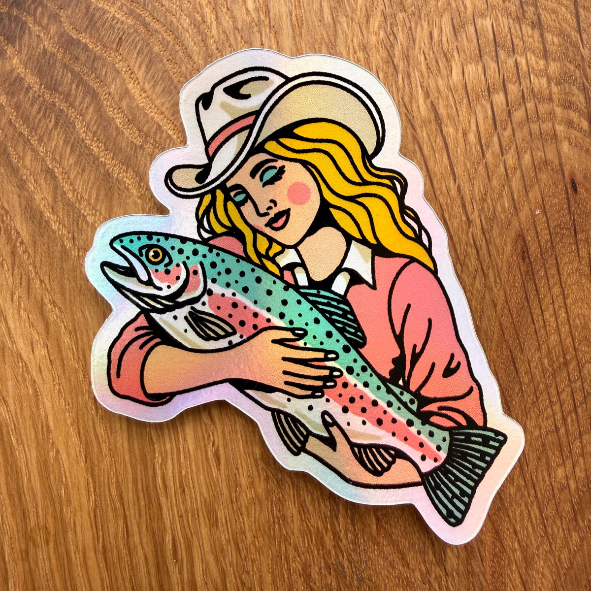 Rainbow Trout Cowgirl #1 - 3 Inch Holographic Vinyl Sticker