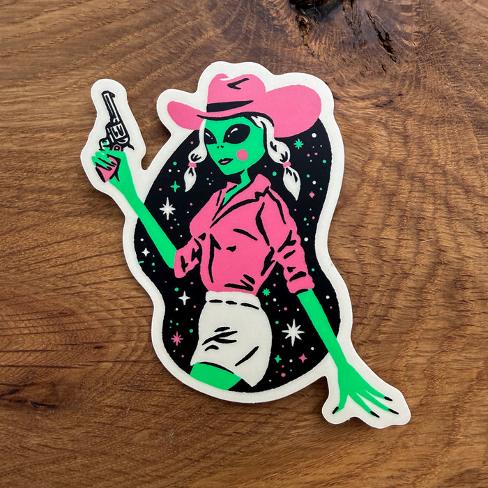 Alien Dolly - 4 Inch Matte Vinyl Retro Western Cowgirl Sticker