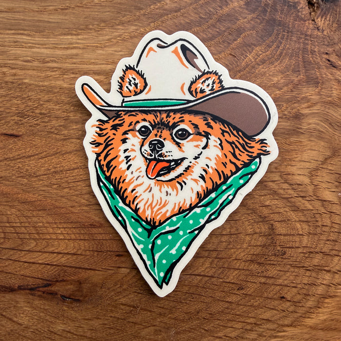 Pomeranian Cowdog - 3 Inch Matte Vinyl Cowboy Dog Sticker