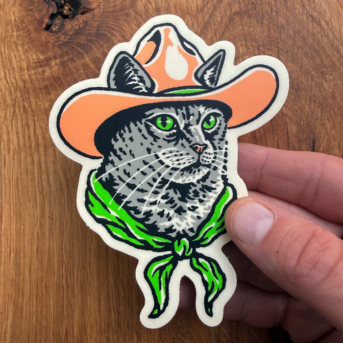 Grey Cowcat- 4 Inch Matte Vinyl Western Cowboy Cat Sticker